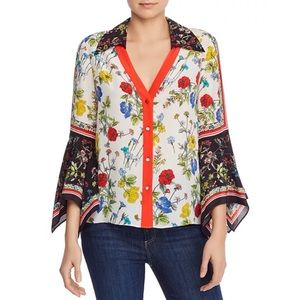 Alice and Olivia Randa Bell-Sleeve Silky Mixed Floral Blouse Sz M